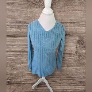 💙 Blue V-Neck Ribbed Sweater & Stretch Pants Sz S (NWOT)